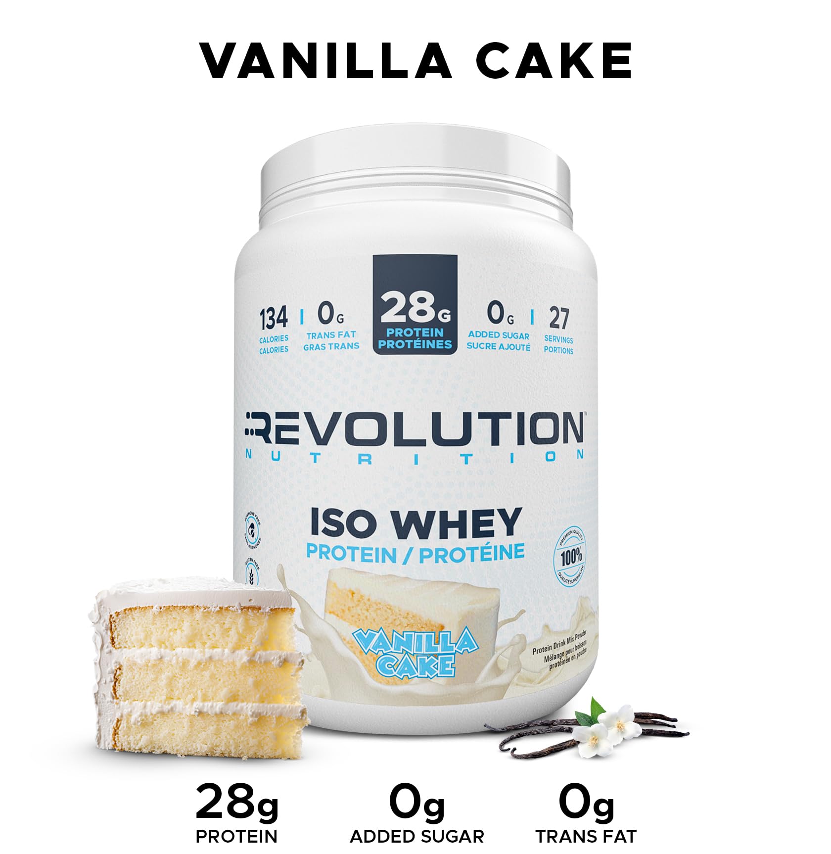 Revolution Nutrition Iso Whey Protein Powder - 100% Isolate, 28g Per Serving, Vanilla Cake Flavor, 2 Pound (27 Servings)