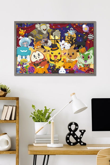 Pokémon: Halloween Party- Group Wall Poster, 34L" x 22.4W", Barnwood Framed Version