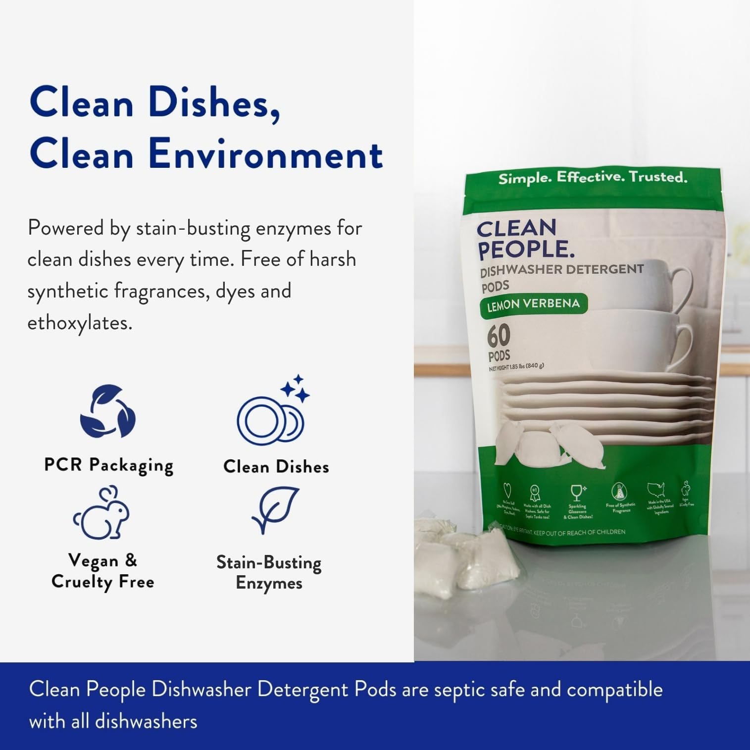 Clean People All Natural Dishwasher Pods - Cuts Grease & Rinses Sparkling Clean - Residue-Free - Phosphate Free Dishwashing Pods - Fragrance Free, 60 Pack