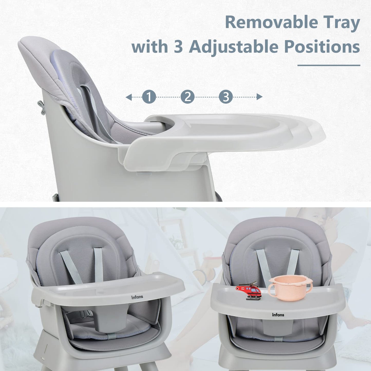 INFANS 8 in 1 Baby High Chair, Convertible Highchair for Babies and Toddlers, Infant Dining Booster Seat, Building Block Table, Kids Stool Table Chair Set with Removable Tray (Grey) INFANS