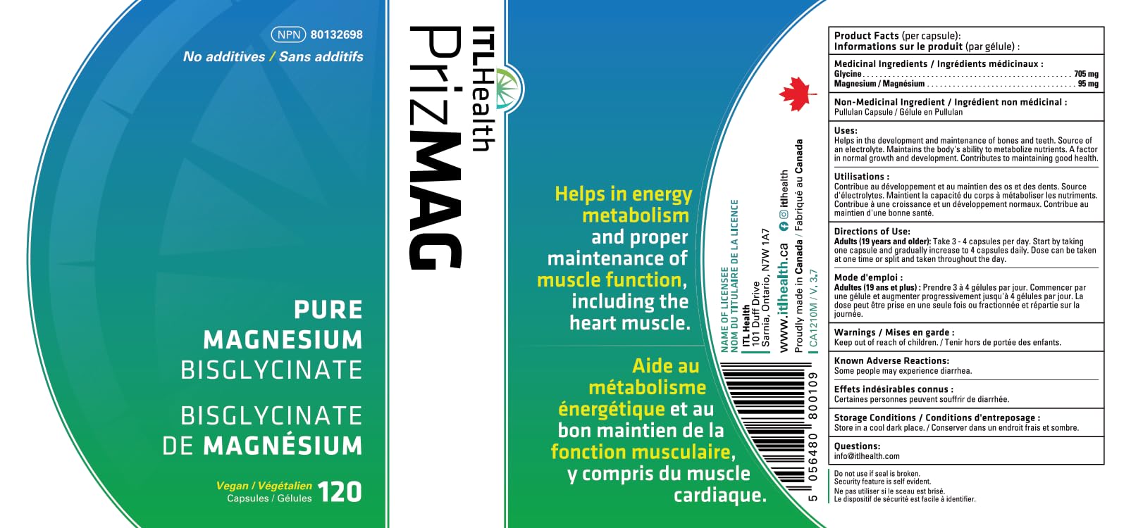 PrizMAG Pure Magnesium Bisglycinate, Magnesium Glycinate, 380mg of Mag Per Serving | Supports Muscle & Bone Health - Gentle on Digestion & High Absorption | Made in Canada - 120 Capsules - Available at All In One Marketplace Canada