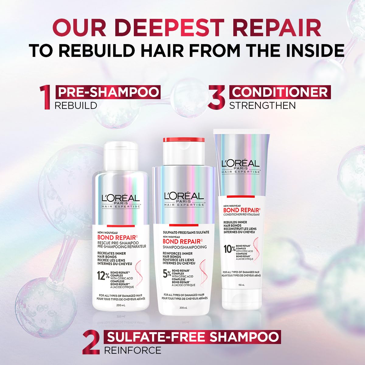 L'Oréal Paris Hair Expertise Bond Repair Shampoo and Conditioner Set with Hair Treatment, Citric Acid for Hair Breakage, 3x Pieces (Pre-Shampoo, Shampoo, Conditioner) - Available at All In One Marketplace Canada