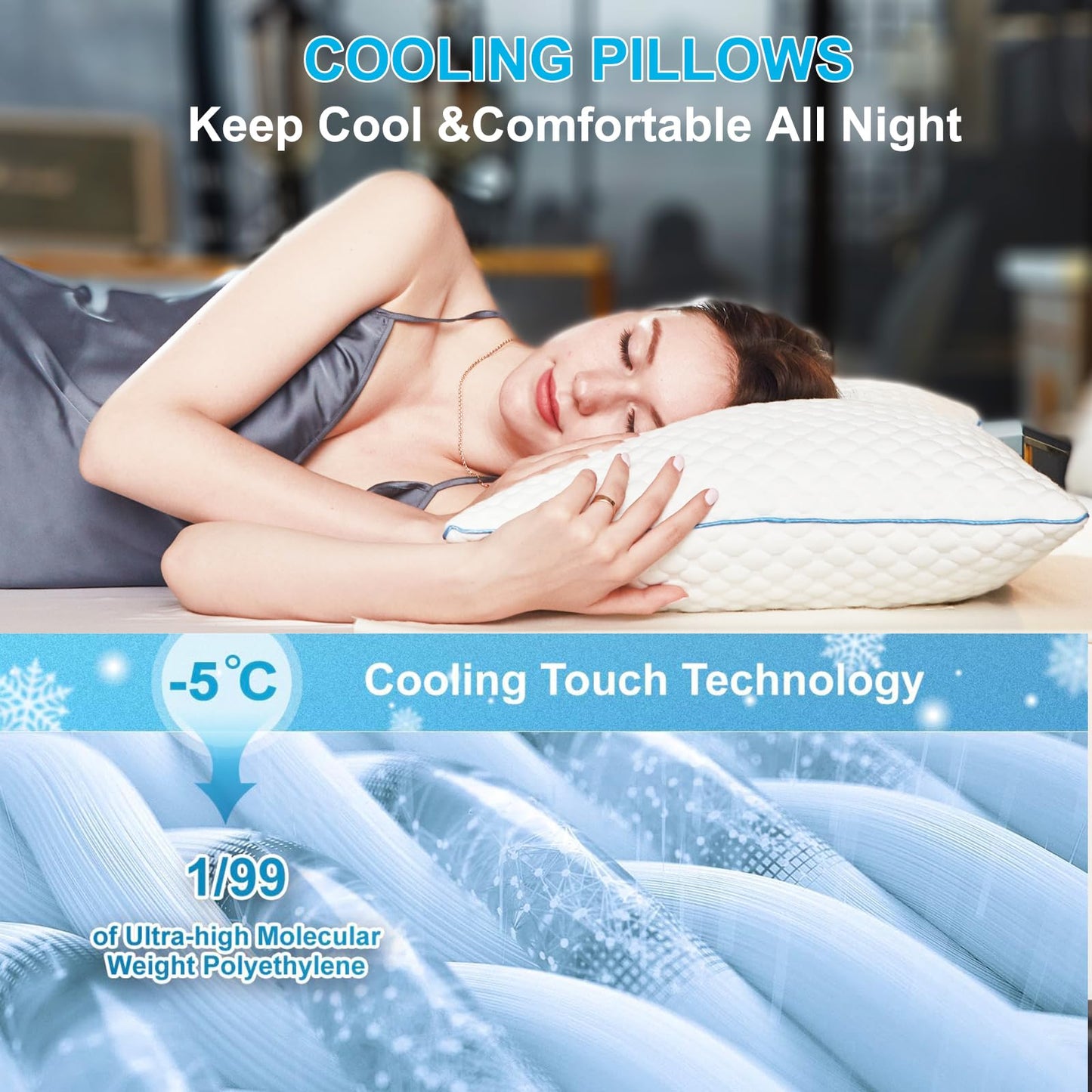 VVZ Cooling Shredded Memory Foam Pillows Queen Size 2 Pack, Adjustable Firm Bed Pillows for Side Back Stomach Sleepers, Luxury Gel Pillow for Hot Sleepers with Breathable Washable Cover - Available at All In One Marketplace Canada