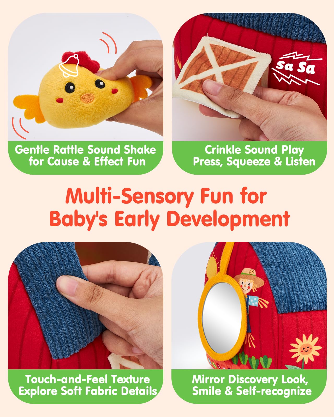 hahaland Montessori Baby Toys 6-12 Months - Surprise Barn with Stuffed Farm Animals Toys for Babies with Rattle & Mirror, Sensory Toys for Babies Boy Girl, Travel Toys for Toddlers 1-3 - Available at All In One Marketplace Canada