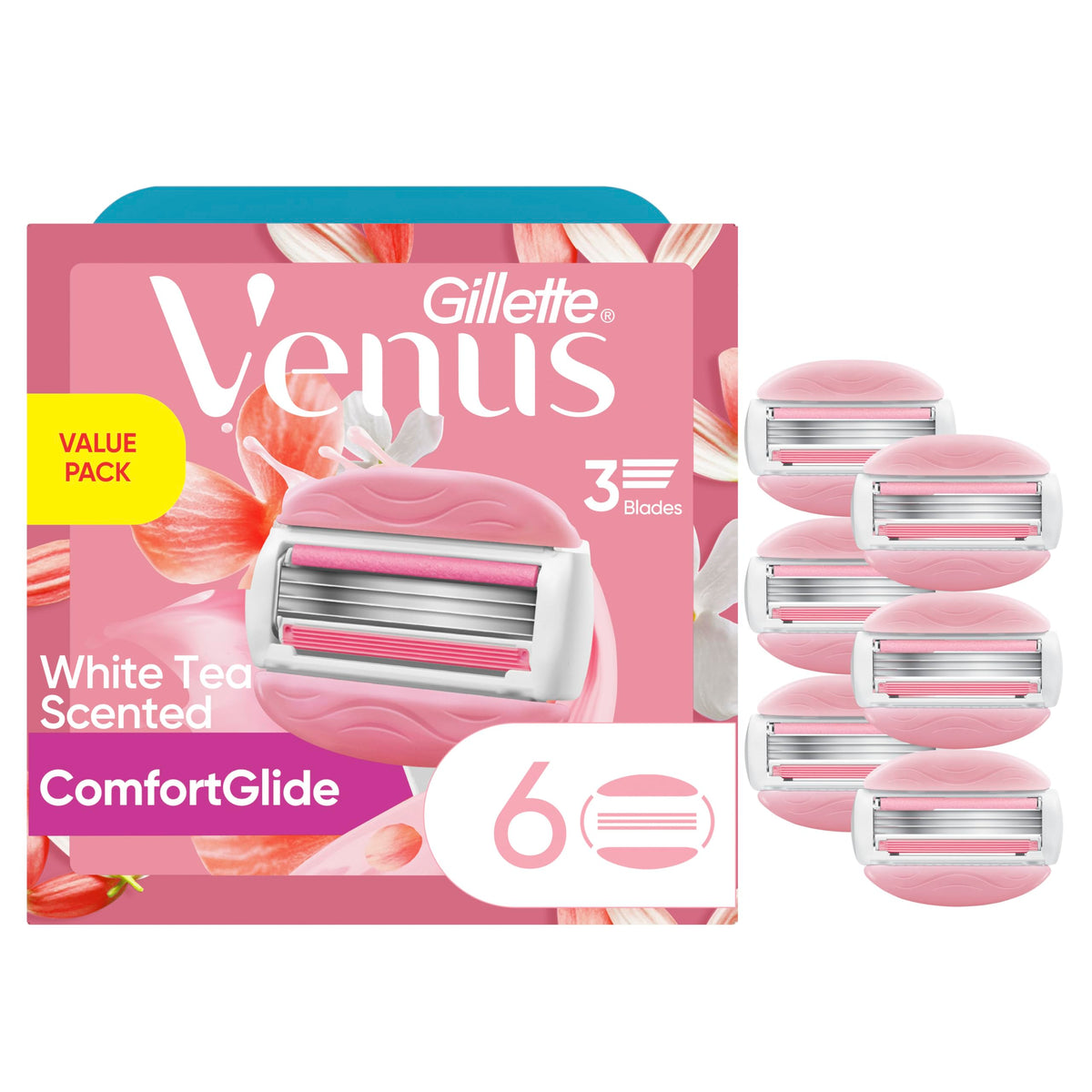 Gillette Venus ComfortGlide Womens Razor Blade Refills, 6 Count, White Tea Scented Gel Bar Protects Against Skin Irritation (Pack of 1)