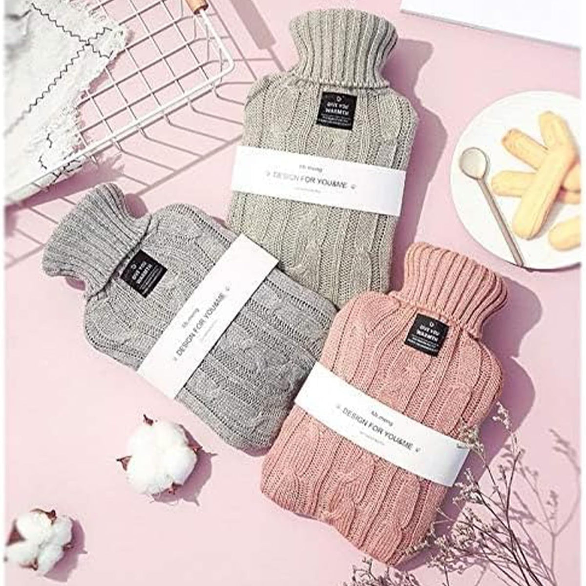 Hot Water Bag, Hot Water Bottle 2 Liters, Heat Up and Refreezable Hot Cold Pack with Knit Cover, Winter Warmer for Pain Relief Hot Cold Therapy (Pink) 🍁 All In One Marketplace Canada