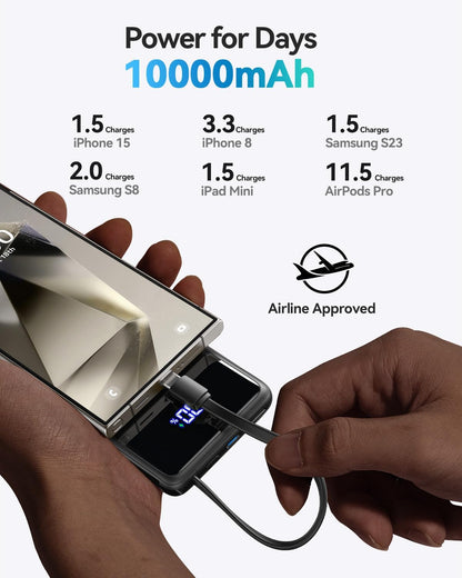 INIU 45W Power Bank, Slimmest 10000mAh Portable Charger with Built in USB C Cable, Fast Charging USB C in&Out Battery Pack, Travel External Phone Charger for iPhone 17 16 15 Samsung S25 S24 iPad etc