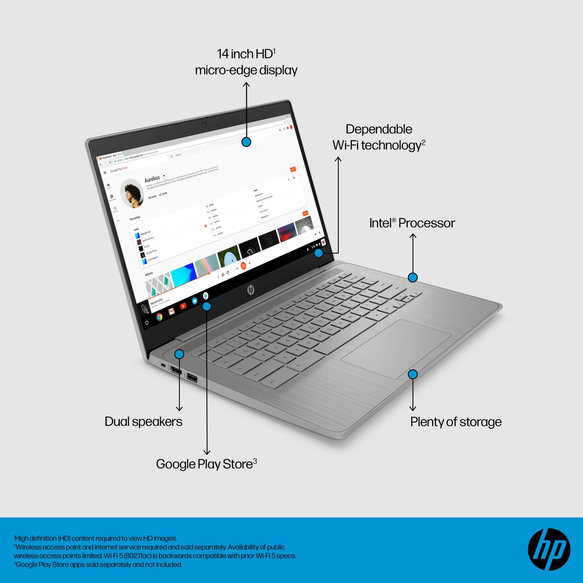 HP Chromebook 14 inch, Intel Celeron N4500, 4GB LPDDR4x, 64GB eMMC, Intel UHD Graphics, HD (1366 x 768), True Vision 720p HD Camera, Fast Charge, ChromeOS, Modern Grey (14a-ne1006ca) HP
