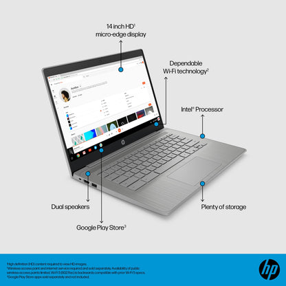 HP Chromebook 14 inch, Intel Celeron N4500, 4GB LPDDR4x, 64GB eMMC, Intel UHD Graphics, HD (1366 x 768), True Vision 720p HD Camera, Fast Charge, ChromeOS, Modern Grey (14a-ne1006ca) HP