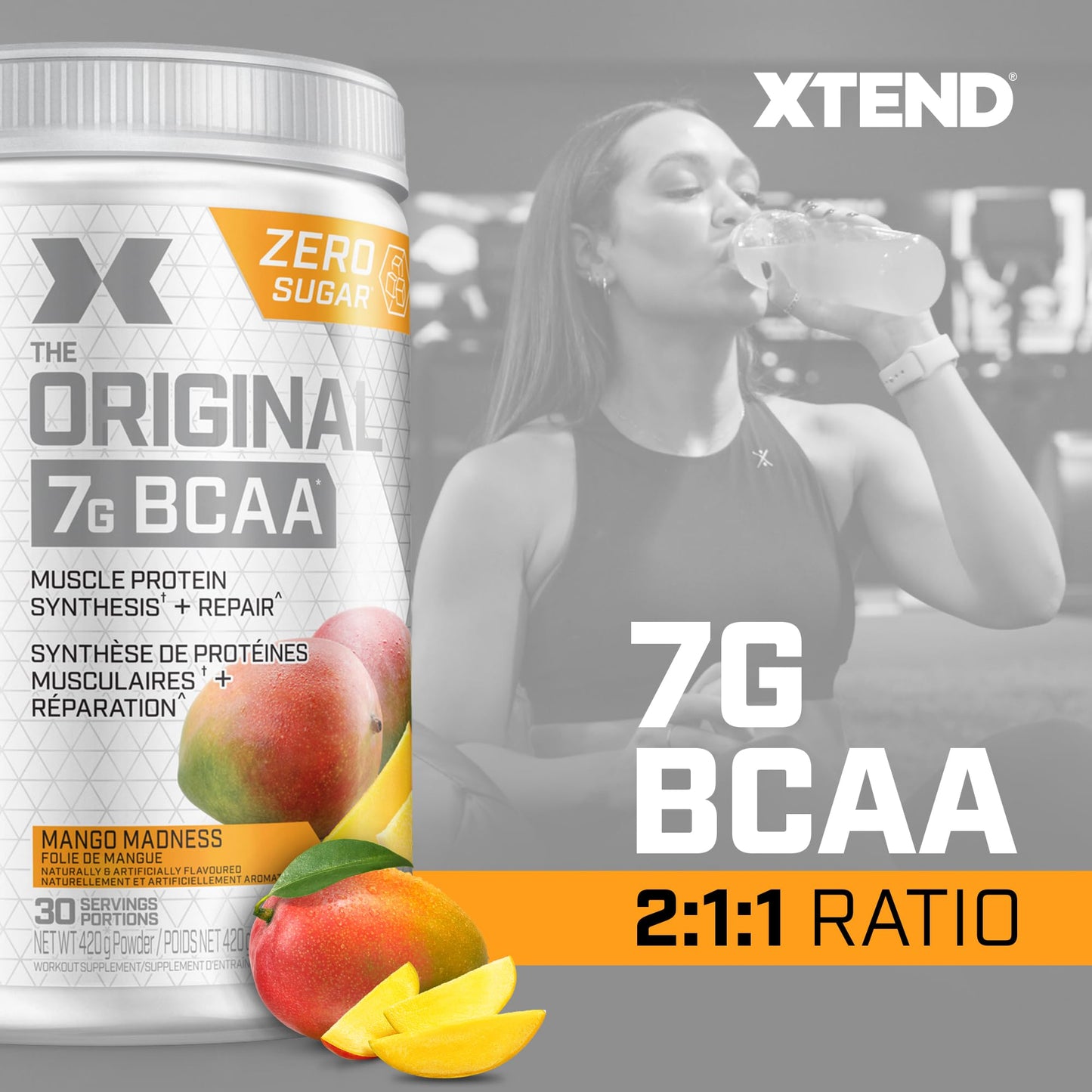Scivation XTEND Original BCAA Powder - Sugar-Free Muscle Recovery with 7g BCAA, 2.5g L-Glutamine - Mango Madness, 30 Servings Scivation
