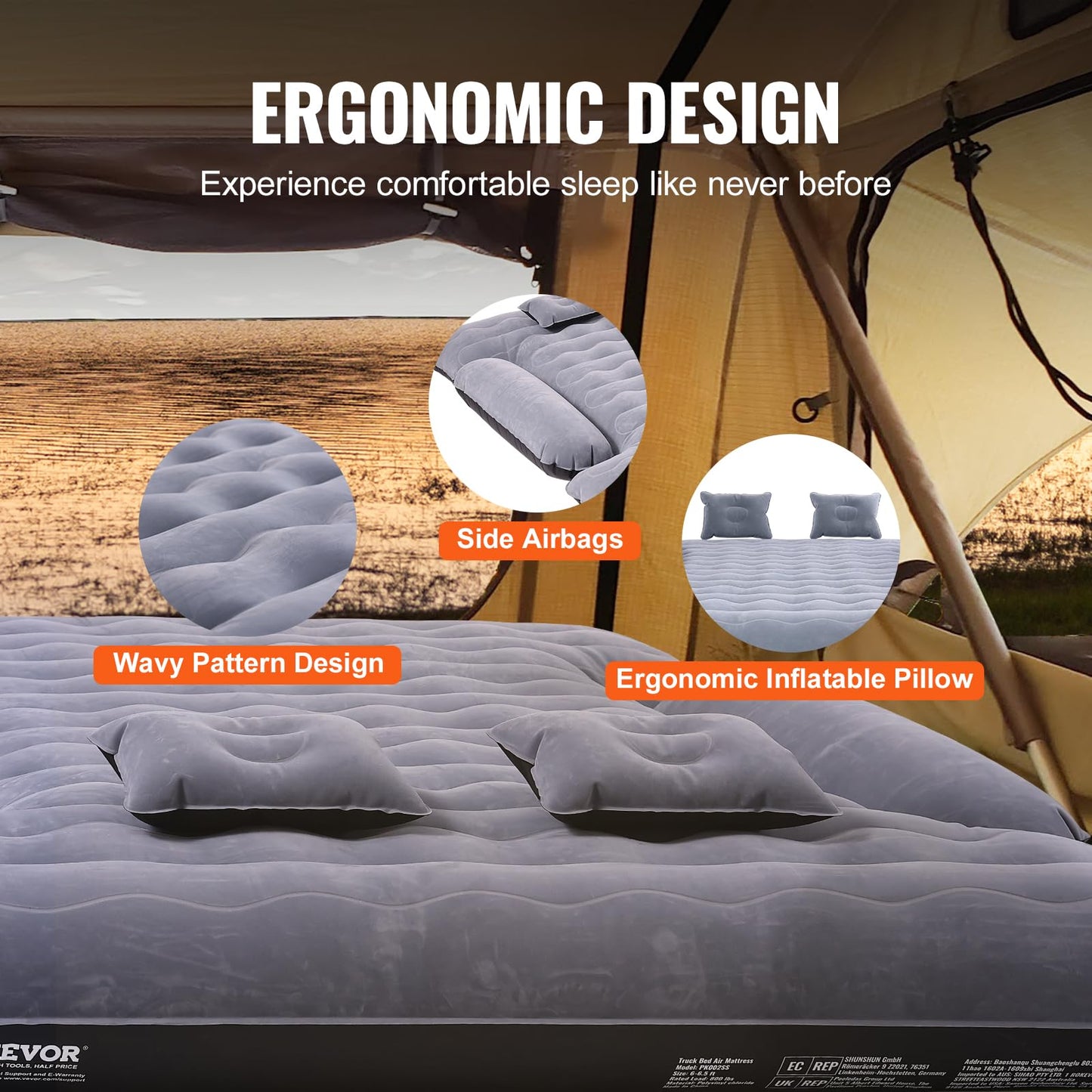 VEVOR Truck Bed Air Mattress, for 6-6.5 ft Full Size Truck Beds, Inflatable Air Mattress Camping Bed with 12V Air Pump 2 Pillows, Carry Bag, for Chevrolet Silverado, Dodge Ram, Ford 150/250/350 VEVOR