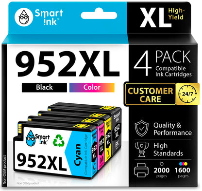 Smart Ink Compatible Ink Cartridge Replacement for HP 952 952XL (4 Combo Pack) Advanced Chip Technology to use with OfficeJet 8702 OfficeJet Pro 7720 7740 8210 8216 8710 8715 8720 8725 8728 8730 8745