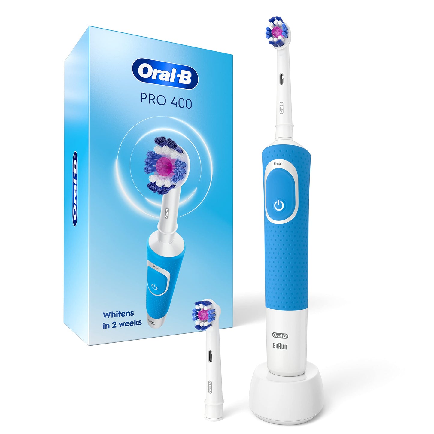 Oral-B Pro 400 3D White Vitality Electric Toothbrush with (2) Brush Heads, Rechargeable, Blue Oral-B