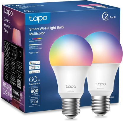 TP-Link Tapo Smart Wi-Fi Light Bulbs, 16M Colors RGBW, Dimmable, Compatible w/Alexa and Google Home, A19, 60W Equivalent, 800LM, 2.4GHz WiFi only, No Hub Required, Tapo L530E(2-Pack) Tapo