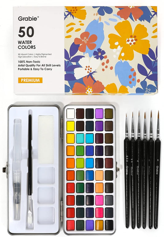 Grabie Watercolor Paint Set, Watercolor Paints, 50 Colors, Painting Set, Detail Paint Brush Included, Art Supplies for Painting, Great Watercolor Set for Artists, Amateur Hobbyists and Painting Lovers