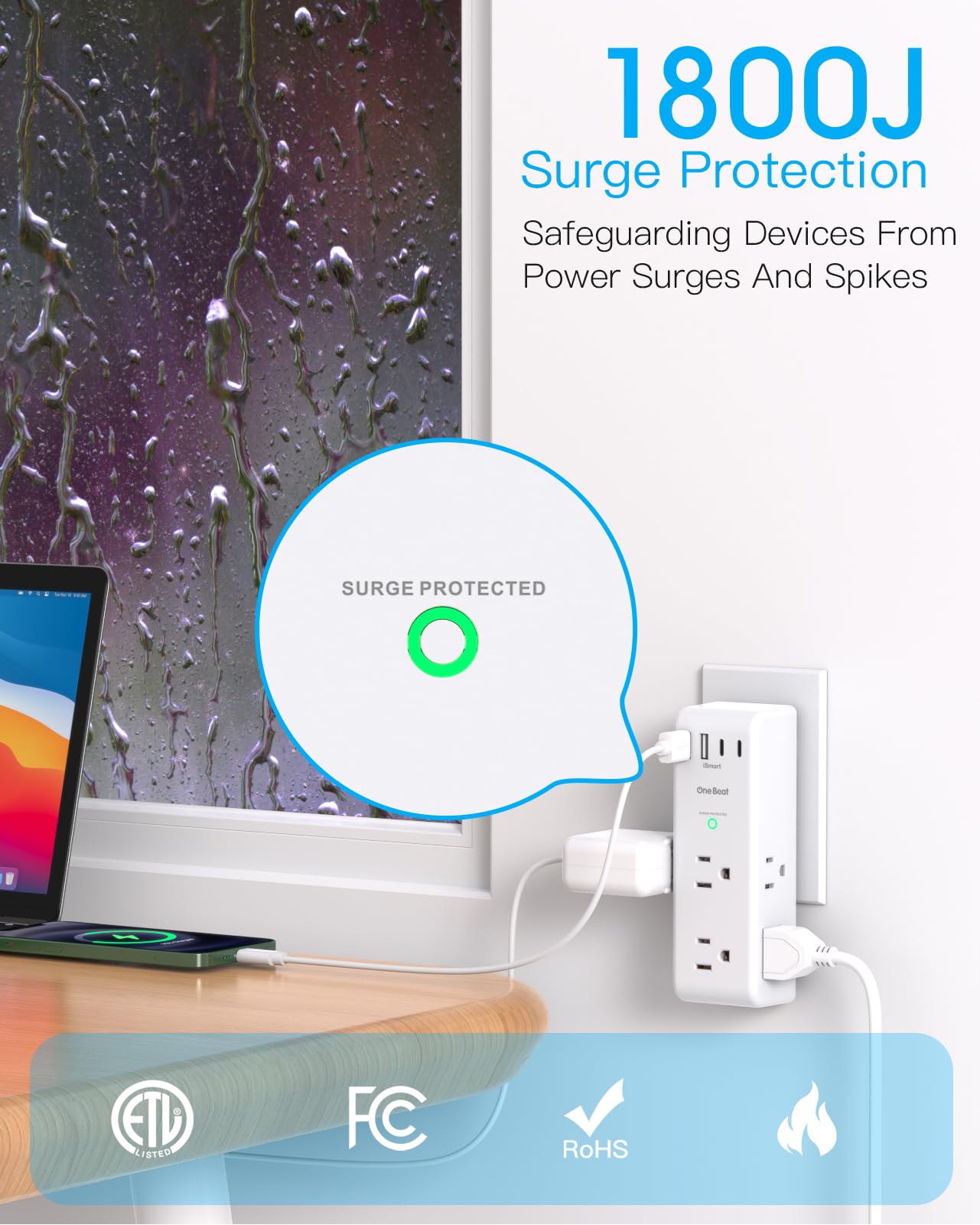 Surge Protector Outlet Extender - with Rotating Plug, 6 AC Multi Plug Outlet with 4 USB Ports (2 USB C), 1800 Joules, 3-Sided Swivel Power Bar with Spaced Splitter for Home, Office, Travel