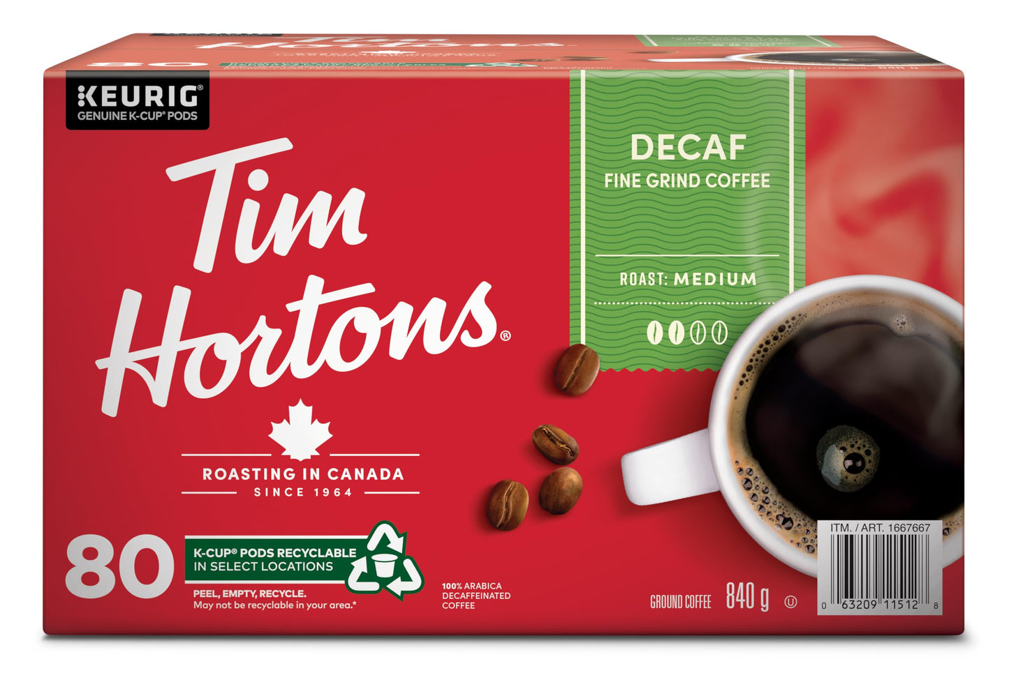 Tim Hortons Decaf Coffee K-Cups, 80 Pack