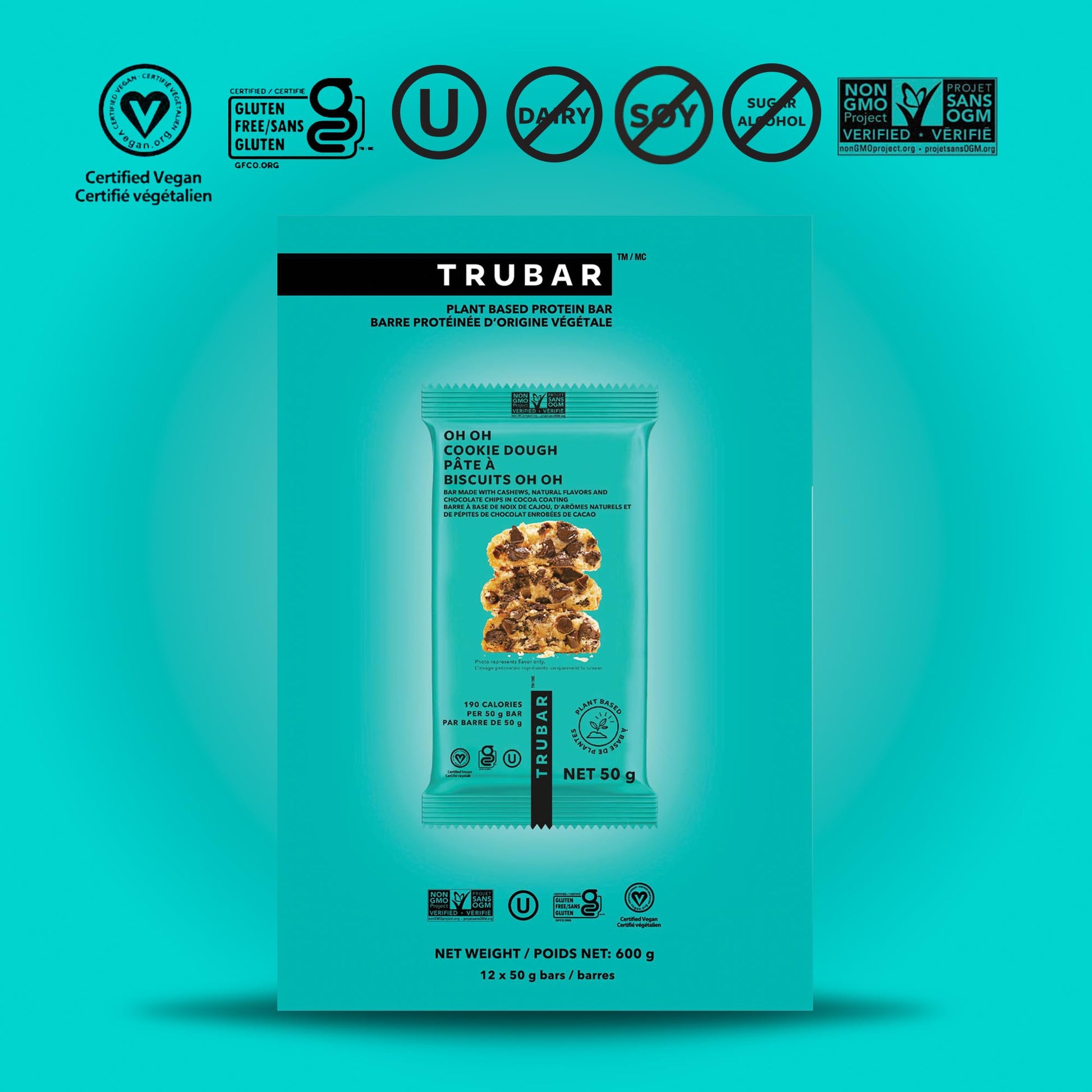TRUBAR Vegan Protein Bar, Oh Oh Cookie Dough, Gluten Free, Plant Based, High Fiber, Dairy Free, Low Fat, Non GMO, No Sugar Alcohols, 12G Lean Protein, 13G Fiber, Healthy Snack Bars, 12 CT