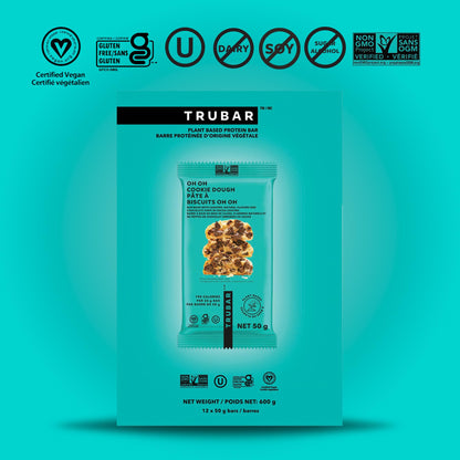 TRUBAR Vegan Protein Bar, Oh Oh Cookie Dough, Gluten Free, Plant Based, High Fiber, Dairy Free, Low Fat, Non GMO, No Sugar Alcohols, 12G Lean Protein, 13G Fiber, Healthy Snack Bars, 12 CT