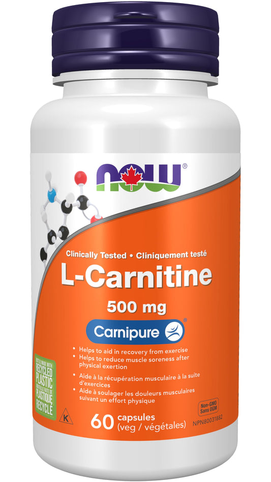 NOW Supplements, L-Carnitine 500mg, Purest Form, Amino Acid, Fitness Support, 60 Veg Capsules - Available at All In One Marketplace Canada