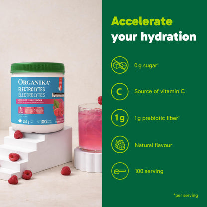 Organika Canadian-Made Electrolytes Powder | Wild Raspberry Flavour - 350g, 100 servings