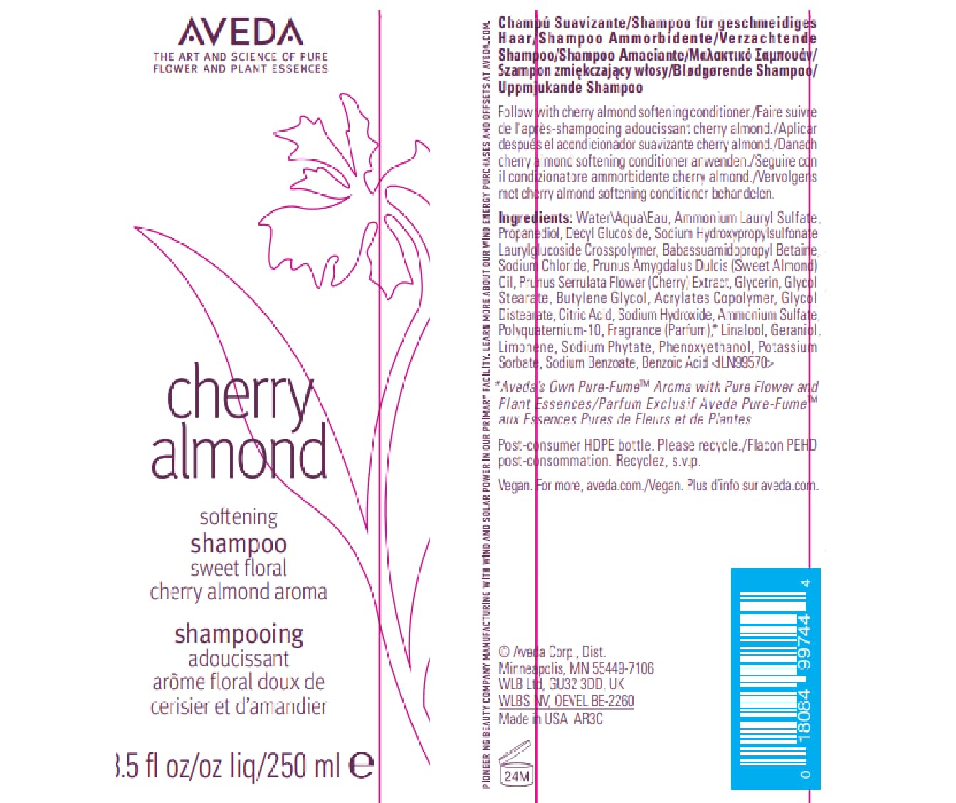 Aveda Cherry Almond Softening Shampoo | Gentle Daily Shampoo | for Normal to Dry Hair | 97% Naturally Derived* | Silicone Free | Iconic Cherry Almond Aroma of Tonka, Orange, Ylang Ylang, 250ml Aveda