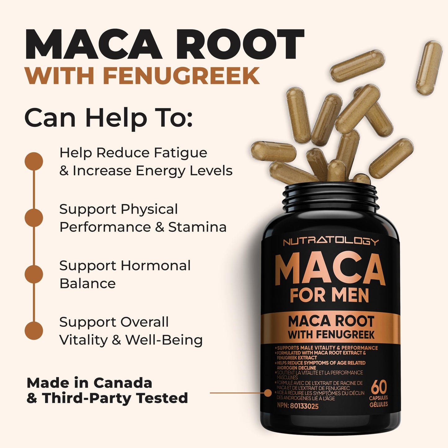 Nutratology® Maca for Men | Canadian Made | Helps Increase Stamina & Energy | Formulated with a 6:1 Extract & 33:1 Fenugreek Extract | Maca Root With Fenugreek Supplement for Men | 60 Capsules - Available at All In One Marketplace Canada