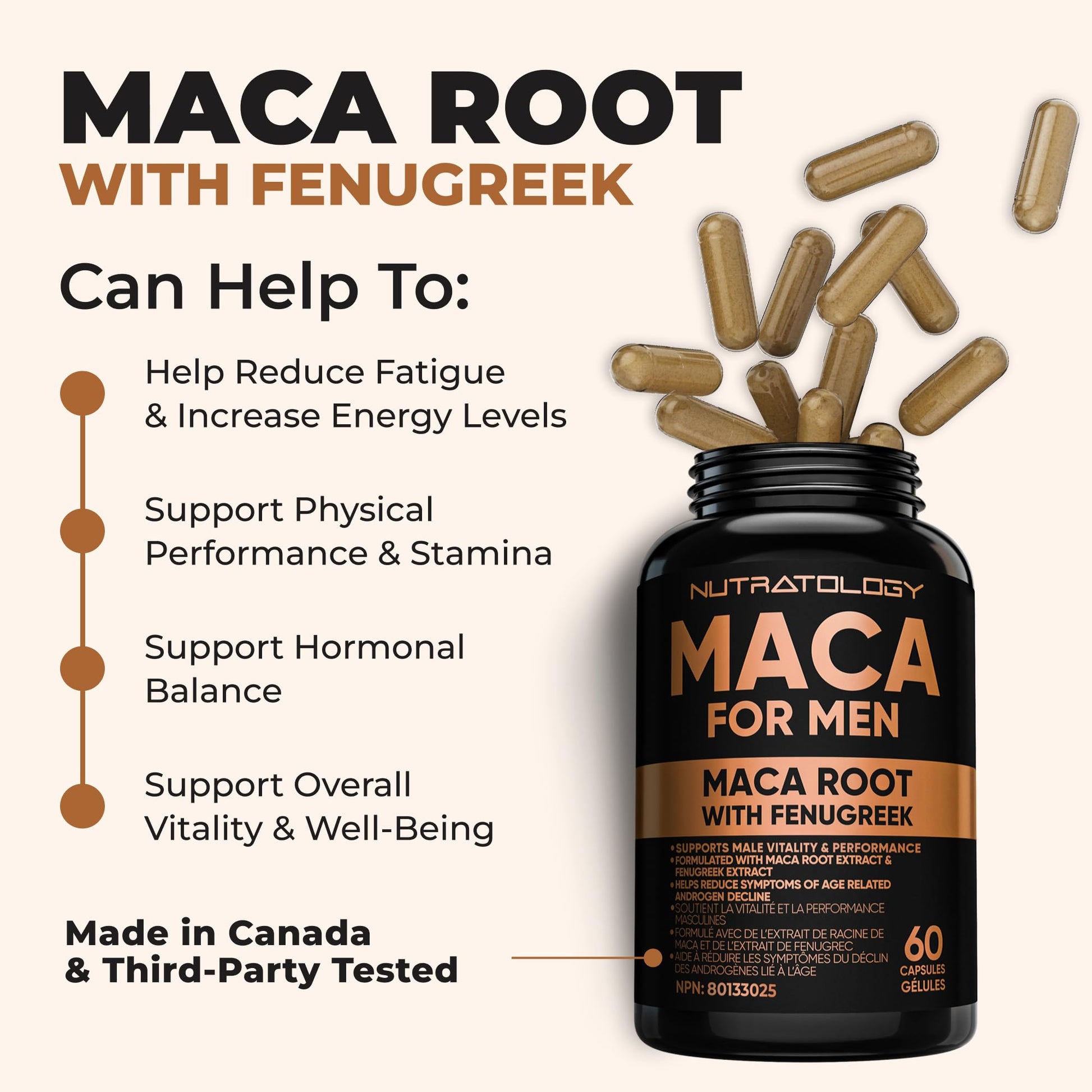 Nutratology® Maca for Men | Canadian Made | Helps Increase Stamina & Energy | Formulated with a 6:1 Extract & 33:1 Fenugreek Extract | Maca Root With Fenugreek Supplement for Men | 60 Capsules - Available at All In One Marketplace Canada
