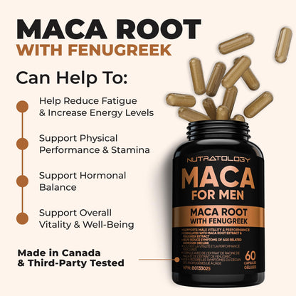 Nutratology® Maca for Men | Canadian Made | Helps Increase Stamina & Energy | Formulated with a 6:1 Extract & 33:1 Fenugreek Extract | Maca Root With Fenugreek Supplement for Men | 60 Capsules - Available at All In One Marketplace Canada