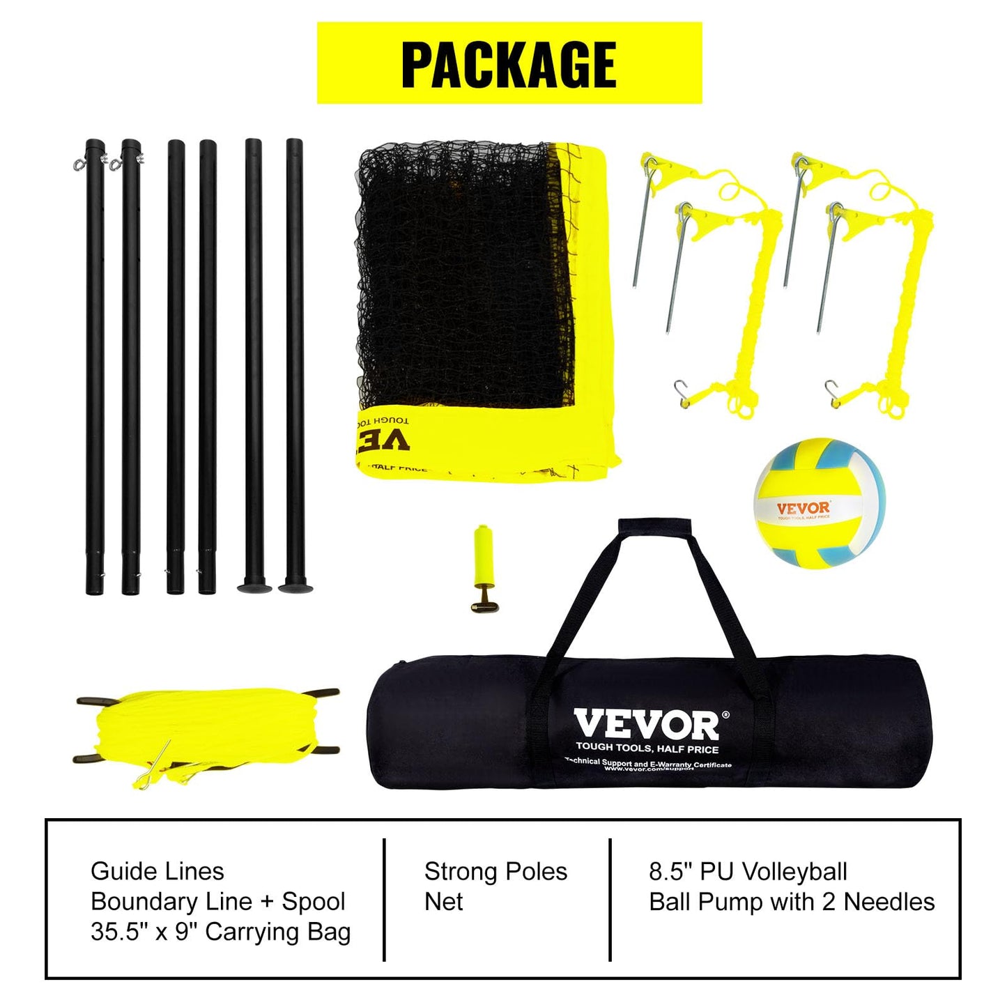 VEVOR Outdoor Portable Volleyball Net System, Adjustable Height Steel Poles, Professional Volleyball Set with PVC Volleyball, Pump, Carrying Bag, Heavy Duty Volleyball Net for Backyard, Beach, Lawn VEVOR