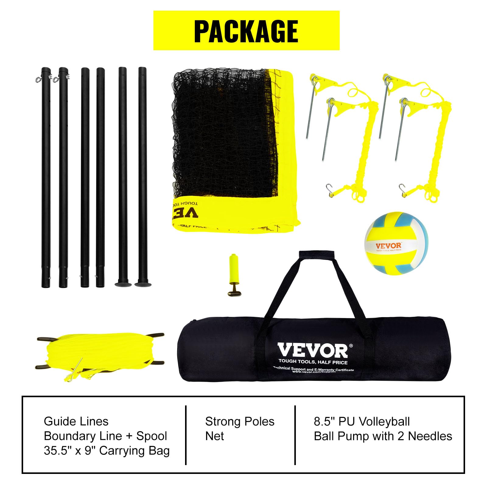 VEVOR Outdoor Portable Volleyball Net System, Adjustable Height Steel Poles, Professional Volleyball Set with PVC Volleyball, Pump, Carrying Bag, Heavy Duty Volleyball Net for Backyard, Beach, Lawn VEVOR