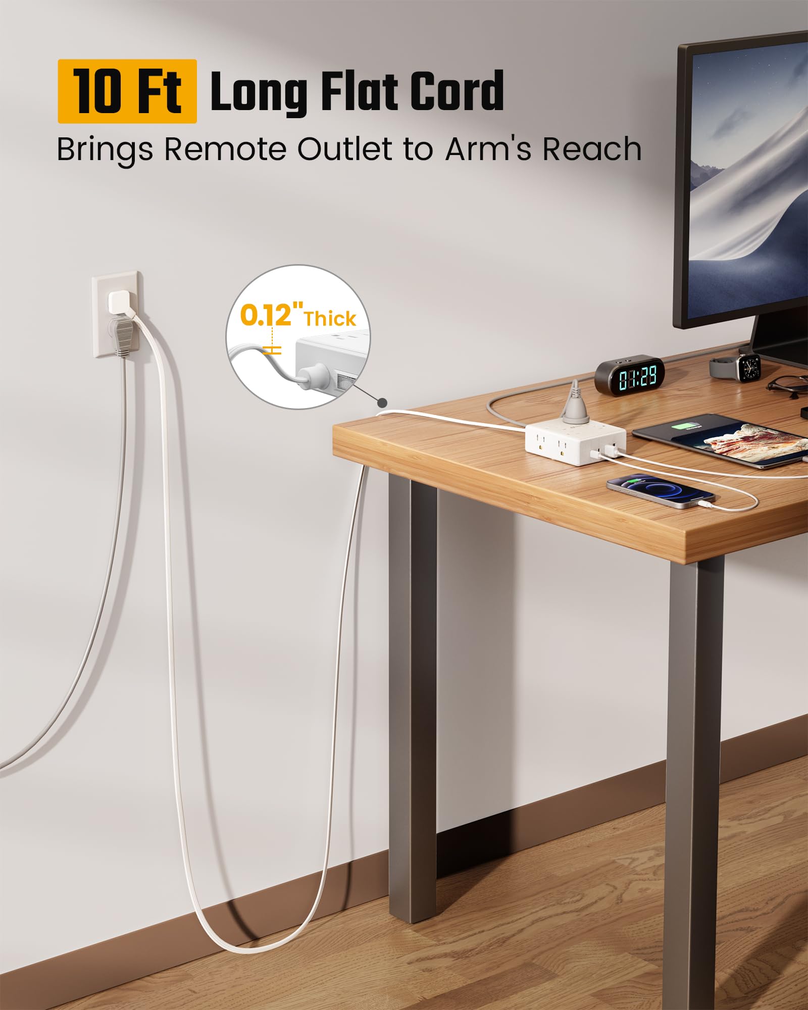 Surge Protector Power Bar, SUPERDANNY 10 Ft Extension Cord with 8 Outlets & 4USB Ports (2 USB 2 C), Mountable Flat Plug Power Strip, Surge Protection for Home, Office, Dorm