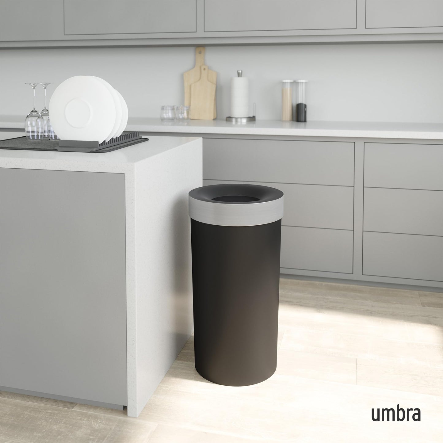 Umbra Vento Kitchen Trash Can – Large 16 Gal (62 L) Open Top Garbage Can for Home & Office – Modern Clean Design, Black/Nickel Umbra