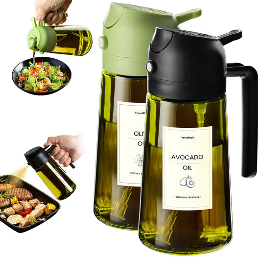 TrendPlain 470ml Olive Oil Dispenser Bottle for Kitchen Gadgets - 2 in 1 Dispenser and Sprayer - Olive Oil Spray Bottle w/Stickers (Light Blockage) - BPA Free - Black&Green