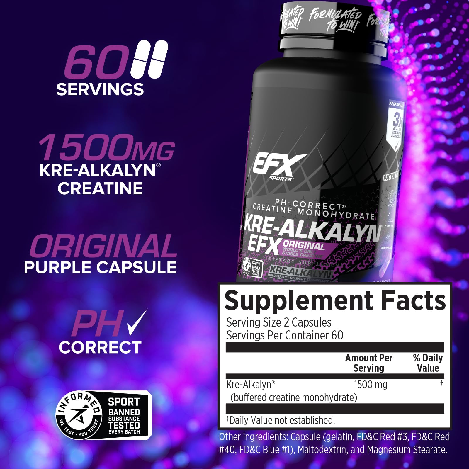 EFX Sports Kre-Alkalyn | PH-Correct Creatine Monohydrate | Informed-Choice, Gain Strength, Build Muscle & Enhance Performance I No Bloating, No Water Retention - 120 Capsules / 60 Servings EFX Sports