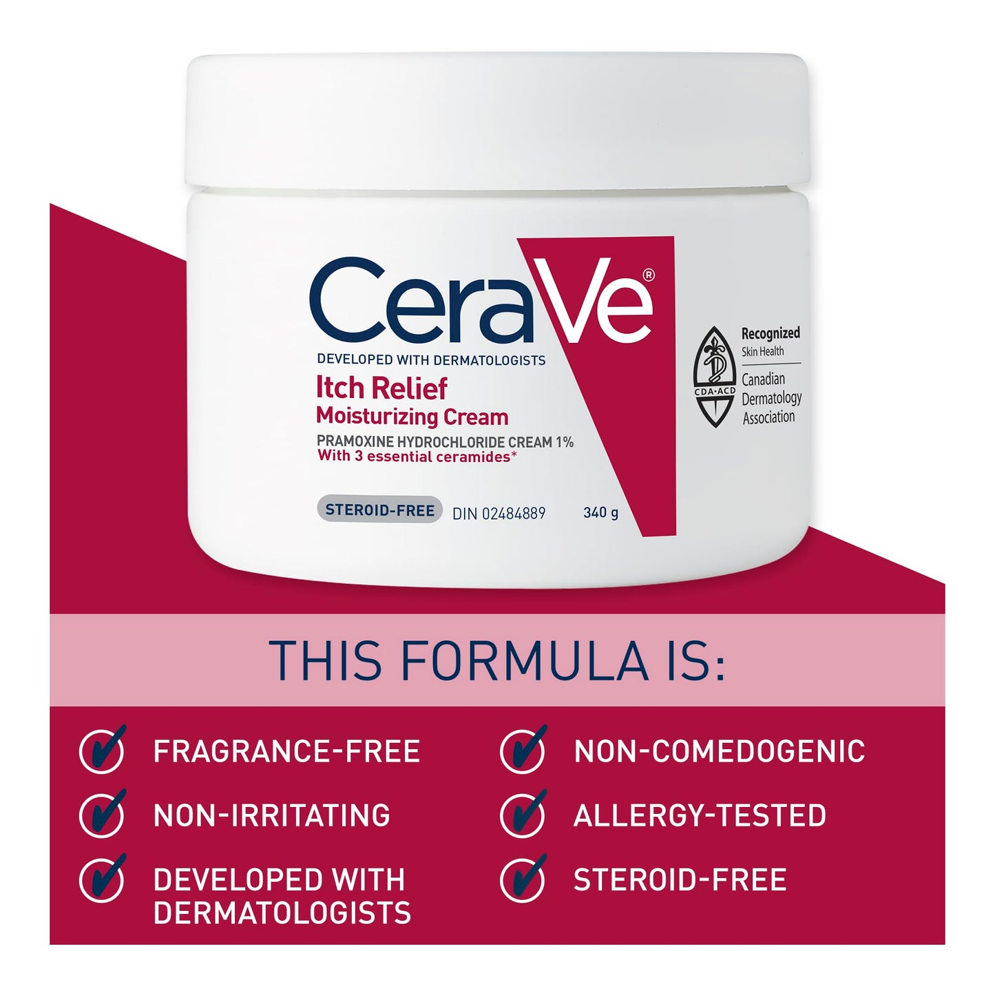 CeraVe Itchy Skin Relief Moisturizing Crean. For Dry & Itchy skin. Anti-itch cream for minor skin irritations, sunburn relief, insect bug bites & scrapes, 1% Pramoxine. Fragrance Free, 340g - Available at All In One Marketplace Canada