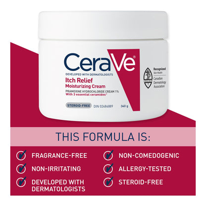 CeraVe Itchy Skin Relief Moisturizing Crean. For Dry & Itchy skin. Anti-itch cream for minor skin irritations, sunburn relief, insect bug bites & scrapes, 1% Pramoxine. Fragrance Free, 340g - Available at All In One Marketplace Canada