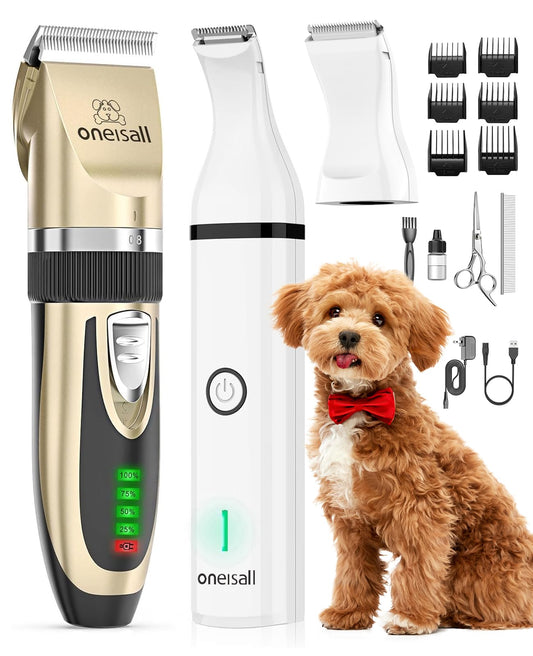 oneisall Dog Clippers and Paw Trimmer Kit 2 in 1 Low Noise Cordless Dog Clippers for Grooming Pet Hair Trimmers for Small and Large Dogs Cats Animals - Available at All In One Marketplace Canada
