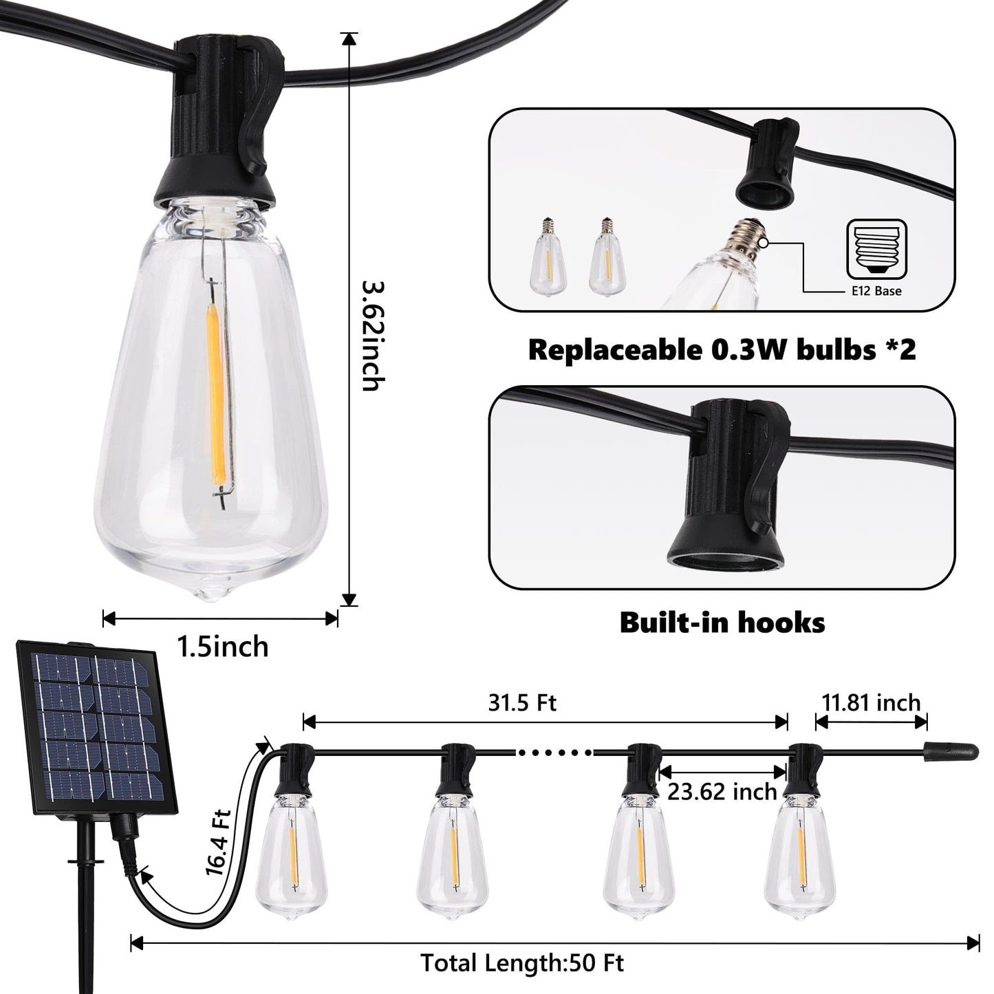 Lomotech Solar String Lights Outdoor Waterproof, 50FT 17+2 LED Shatterproof ST38 Bulbs, Solar String Lights with Remote & Timer, USB & Solar Powered Patio Lights for Outside Backyard Garden Porch - Available at All In One Marketplace Canada