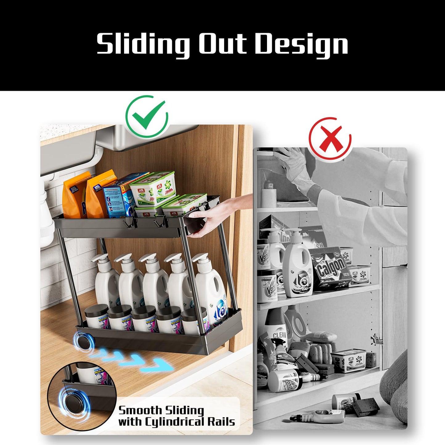 Cicilyna 2 Pack Under Sink Organizer, 2 Tier Bathroom Cabinet Organizers and Storage with Hook, Multi-purpose Storage Basket Shelf for Kitchen, Black - Available at All In One Marketplace Canada