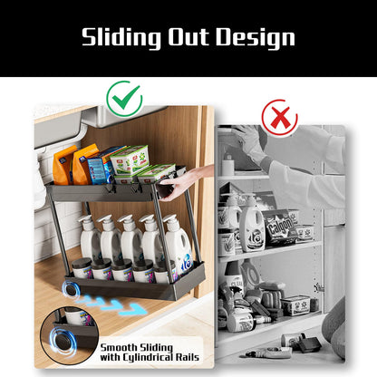 Cicilyna 2 Pack Under Sink Organizer, 2 Tier Bathroom Cabinet Organizers and Storage with Hook, Multi-purpose Storage Basket Shelf for Kitchen, Black - Available at All In One Marketplace Canada
