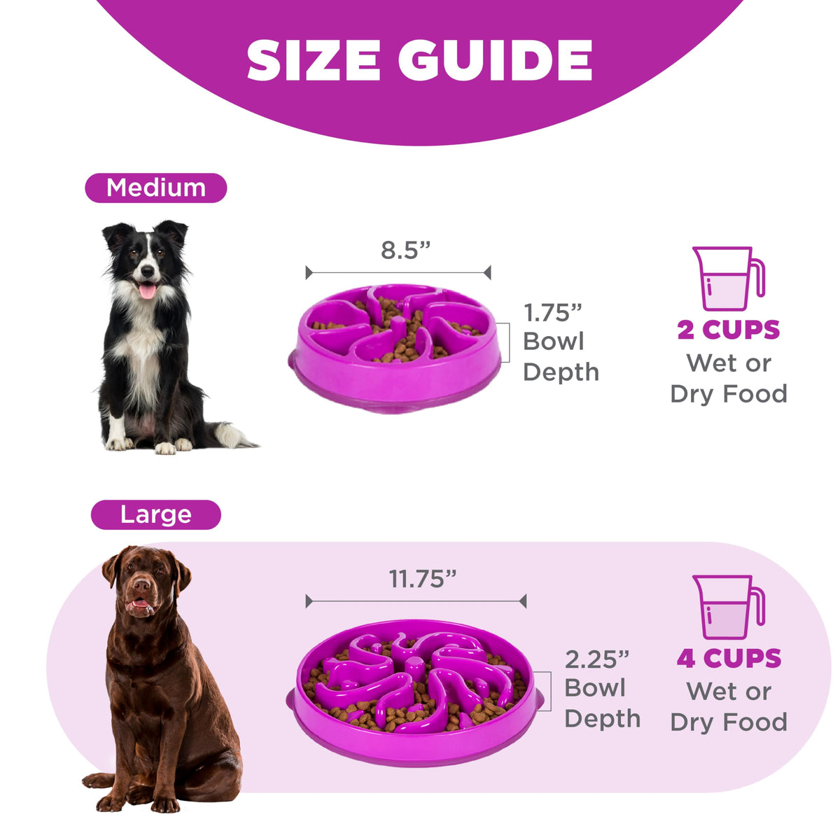 Fun Feeder Slo Bowl – Large 4‑Cup Capacity, Slow Feeding, Medium to Large Dogs, Non‑Slip, Purple, Flower Pattern