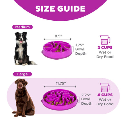 Fun Feeder Slo Bowl – Large 4‑Cup Capacity, Slow Feeding, Medium to Large Dogs, Non‑Slip, Purple, Flower Pattern