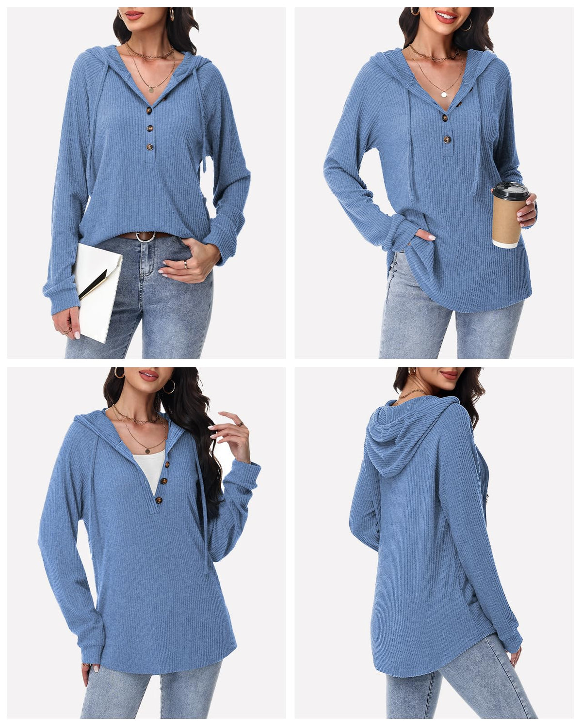 RIROW Womens Tops Long Sleeve Shirt Fuzzy Hoodies Sweater, Mixed Blue, XL 🍁 All In One Marketplace Canada