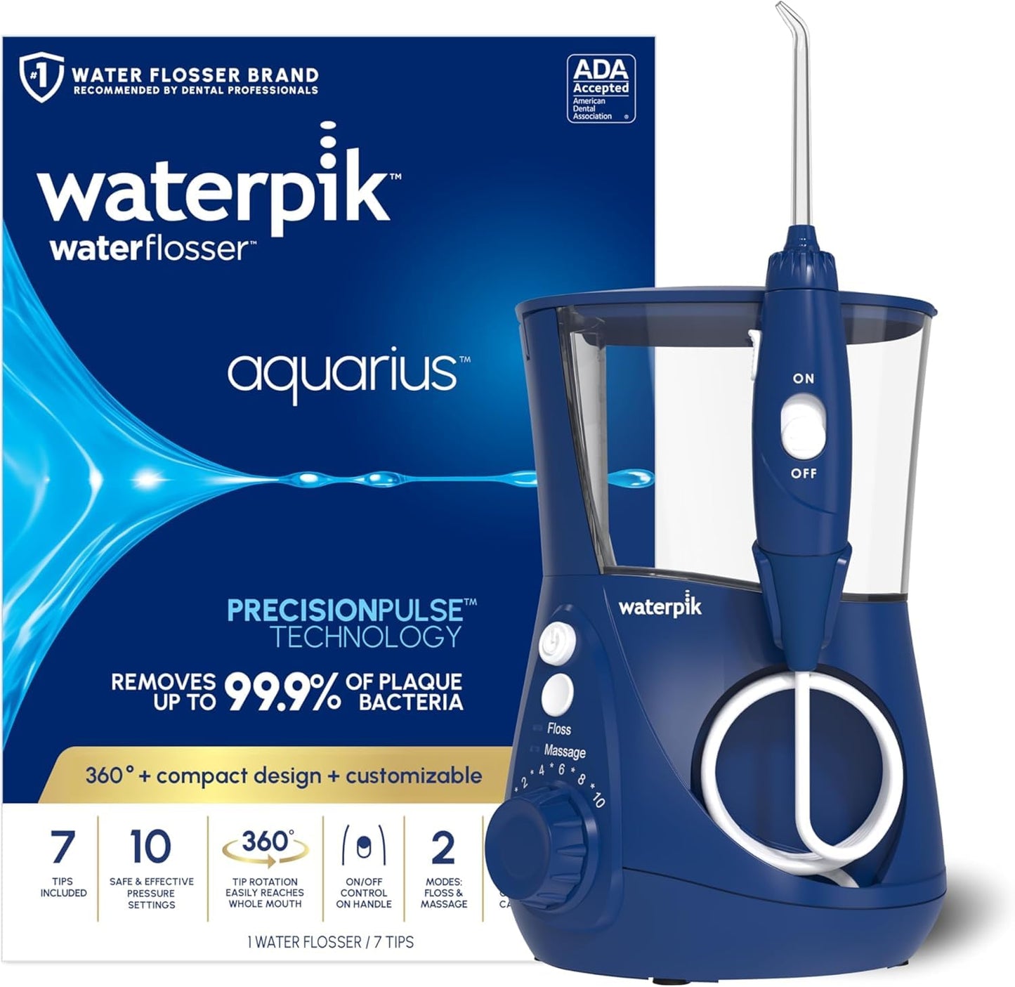 Waterpik Aquarius Water Flosser For Teeth Cleaning, Gums, Braces, Dental Care, Electric Power With 10 Settings, 7 Tips For Multiple Users & Needs, CDA Validated, Blue WP-663, Packaging May Vary Waterpik