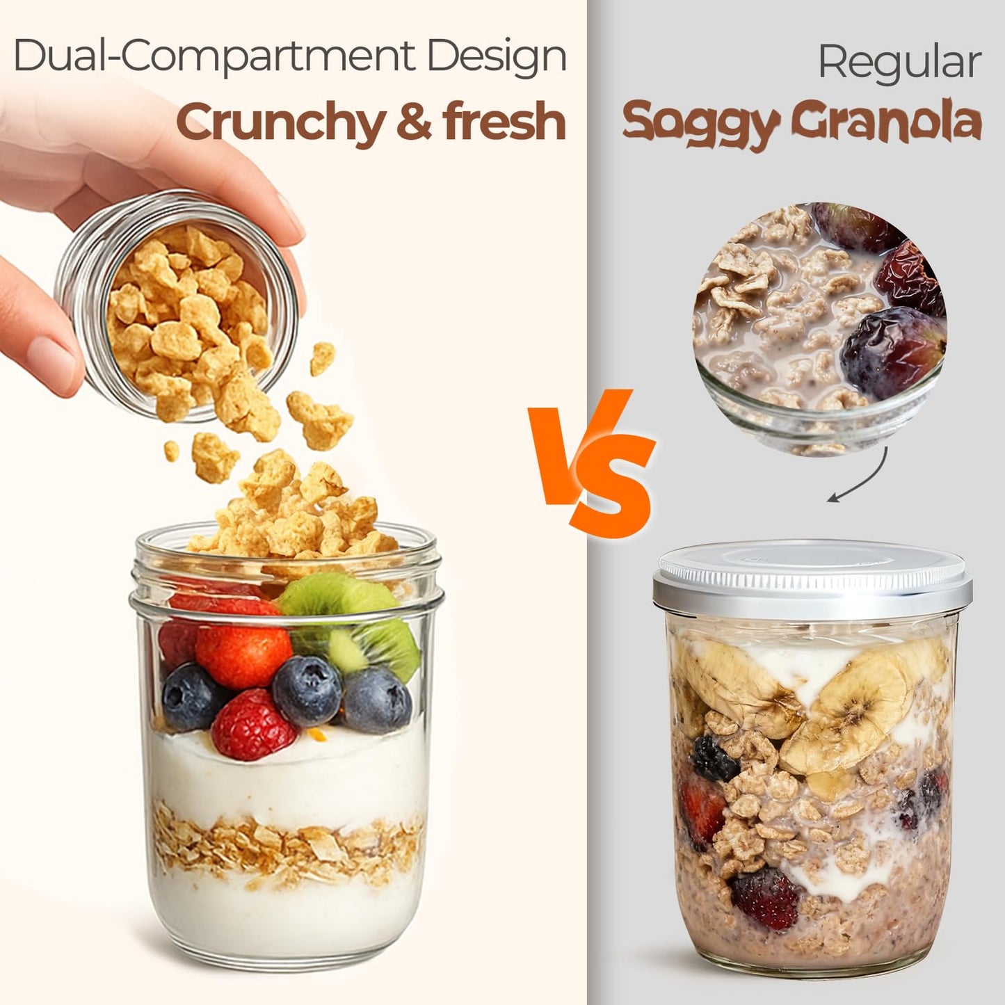ComSaf Overnight Oats jars with Lids （16oz+4oz 4Pcs）, Dual-Laryer Chia Pudding Jars with Dry and Wet Separation, Yogurt Parfait Contianer for Oatmeal Cereal Nut Fruit, Meal Prep Glass Jars for Salad - Available at All In One Marketplace Canada