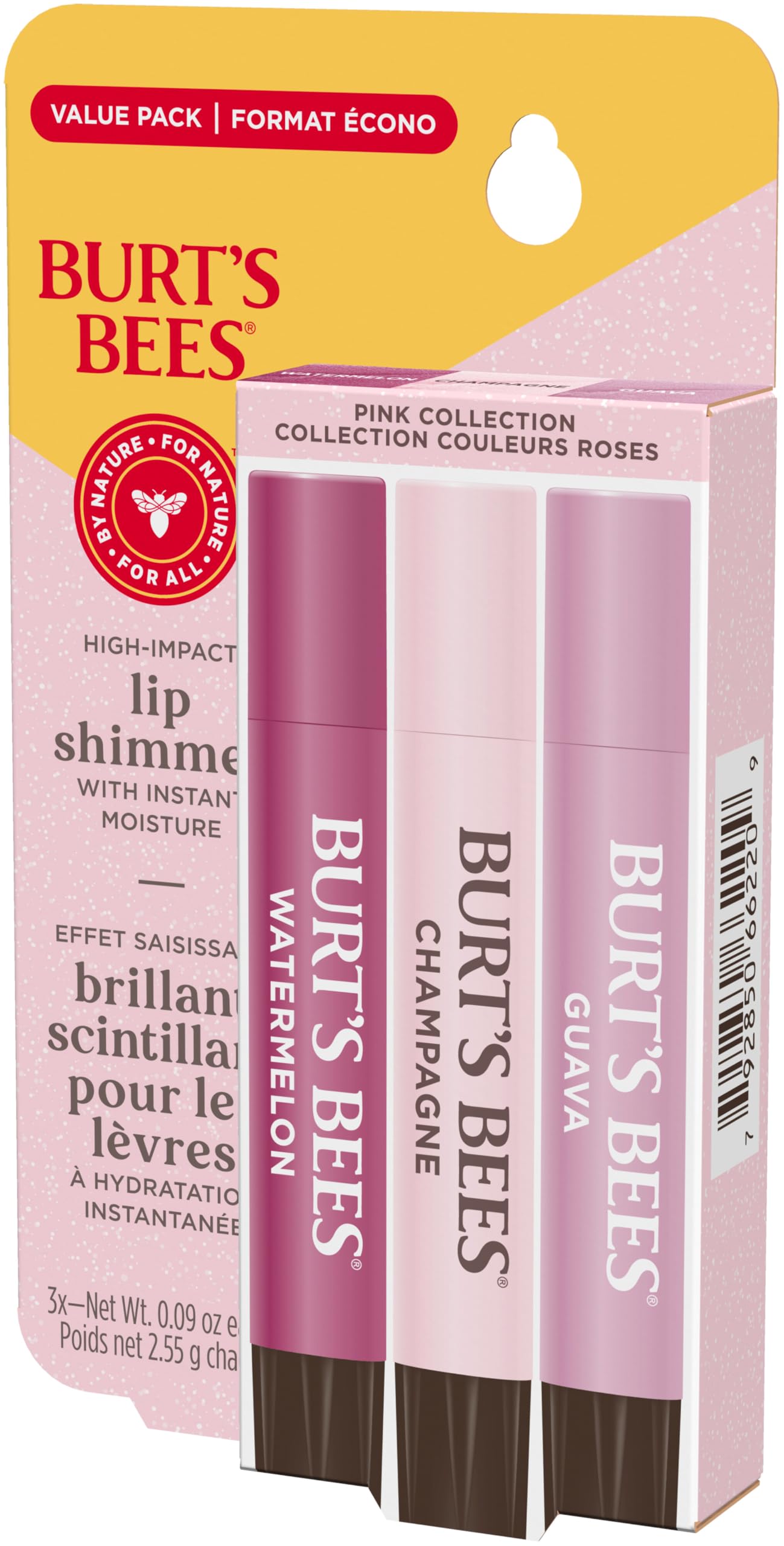 Burt's Bees Lip Shimmer, 100% Natural Origin Lip Gloss, Tinted Lip Colour | Get Soft and Hydrated Lips | Pack of 3 - (Pink) Champagne, Watermelon, Guava Burt's Bees