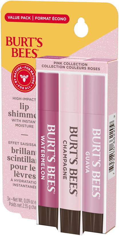 Burt's Bees Lip Shimmer, 100% Natural Origin Lip Gloss, Tinted Lip Colour | Get Soft and Hydrated Lips | Pack of 3 - (Pink) Champagne, Watermelon, Guava Burt's Bees
