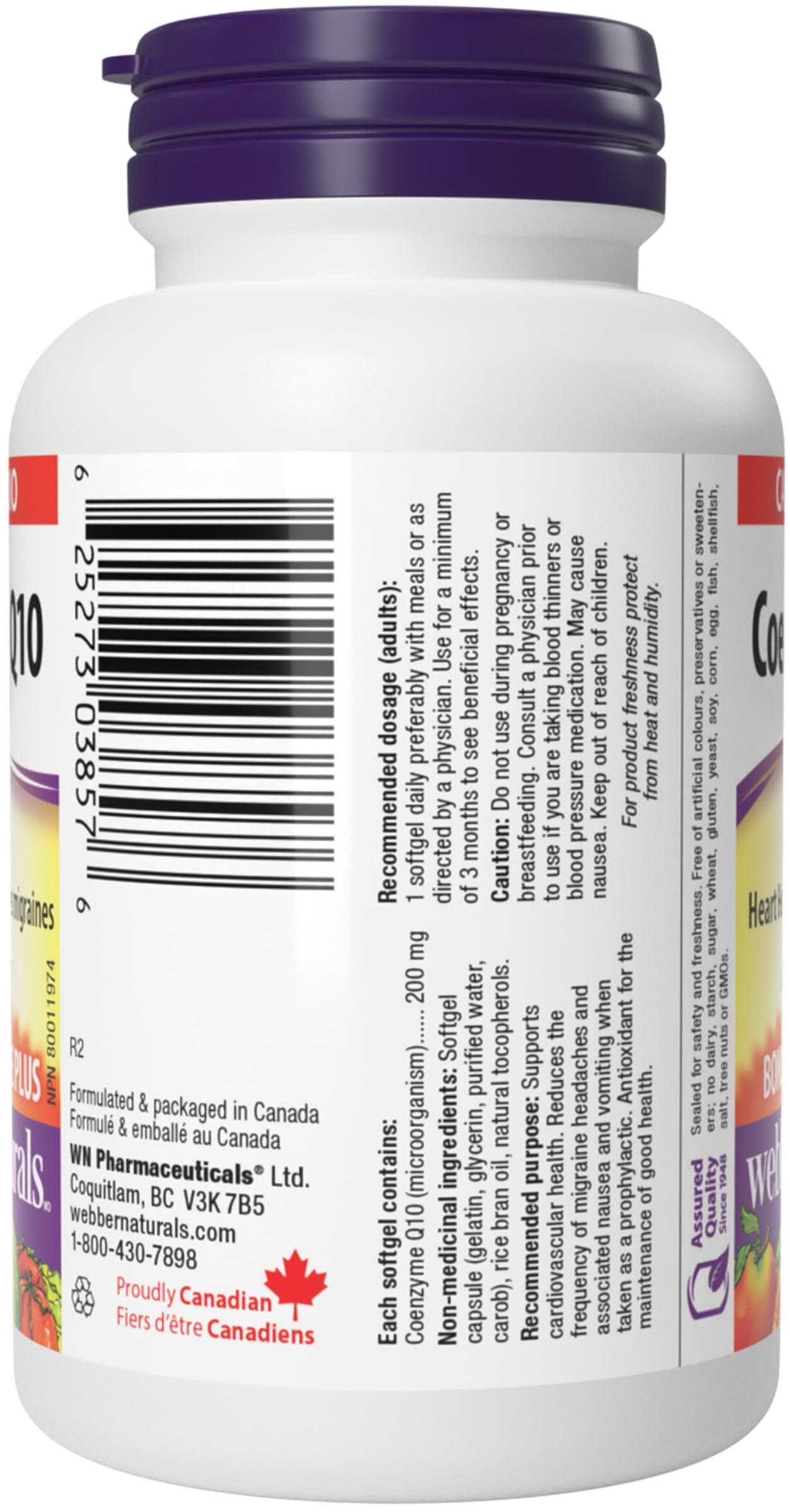 Webber Naturals Coenzyme Q10 (CoQ10) 200 mg, High Potency Antioxidant, Non-GMO, Gluten Free, 60 softgels, for Heart Health and Cellular Energy Production
