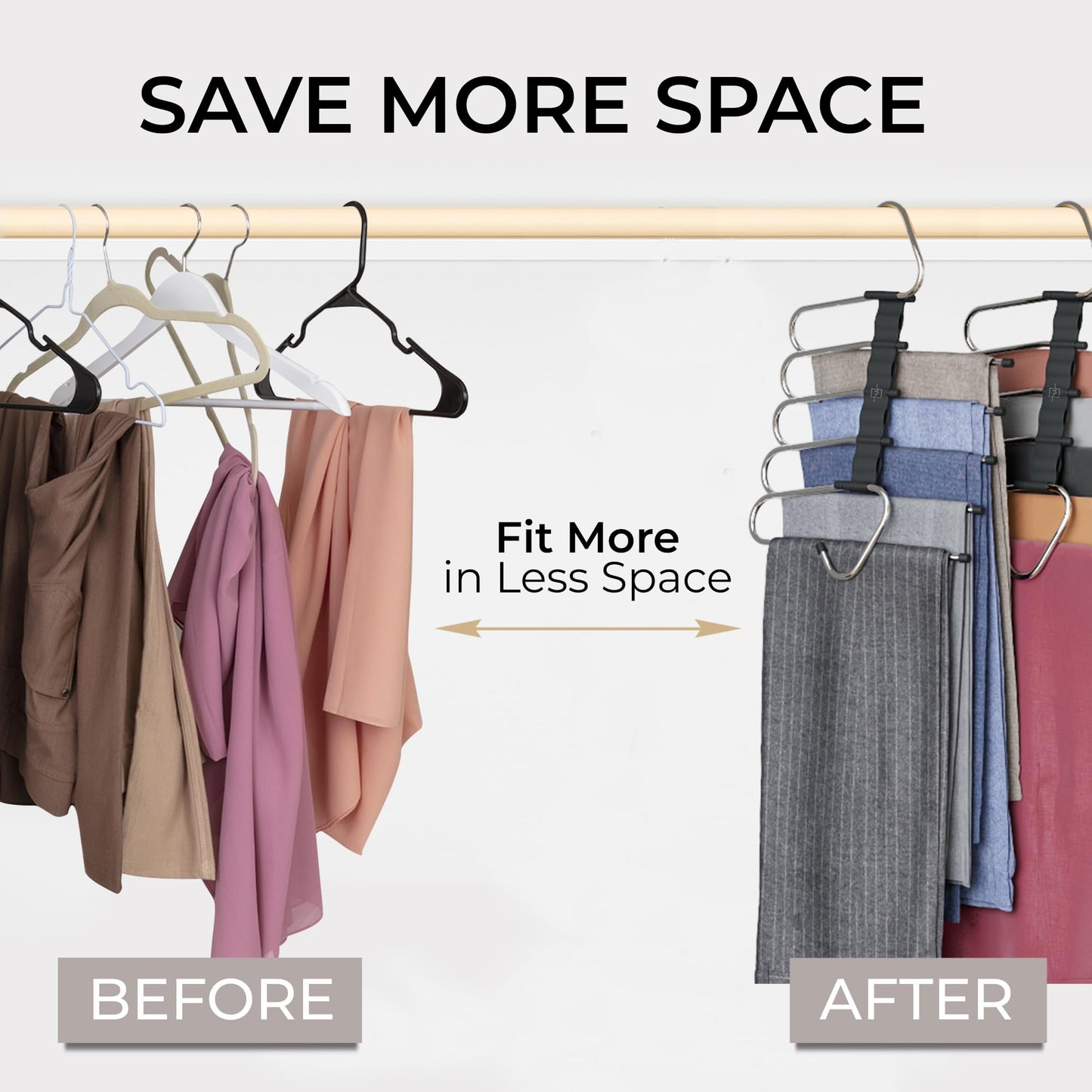 MORALVE Pants Hangers Space Saving - 2 Pack - Non-Slip Multi-Layer Space Saving Hangers - Multifunctional Clothing Rack for Closet Storage - Ideal for Jeans, Trousers, Skirts, Scarves & Slacks (Black) - Available at All In One Marketplace Canada